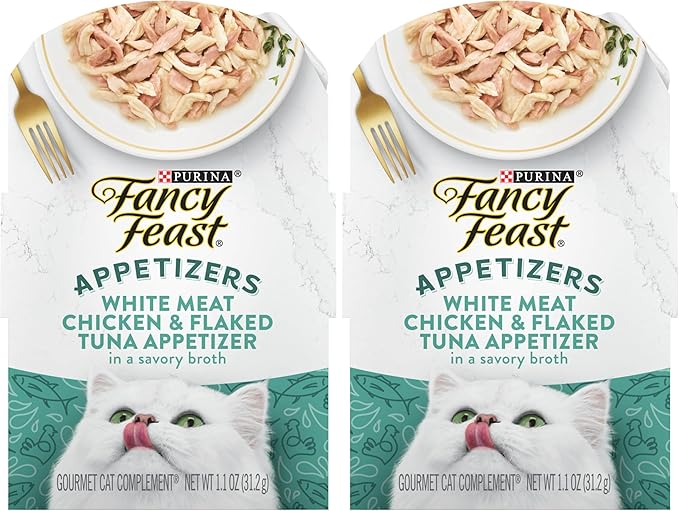 Fancy Feast Purina Appetizers Lickable Grain Free Wet Cat Food Topper White Meat Chicken and Flaked Tuna Appetizer - 1.1 oz. Trays,(Pack of 20)