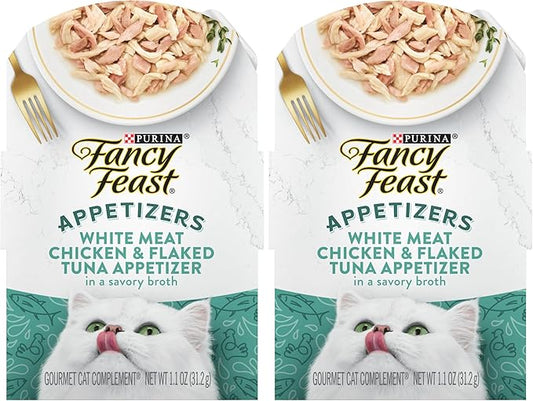Fancy Feast Purina Appetizers Lickable Grain Free Wet Cat Food Topper White Meat Chicken and Flaked Tuna Appetizer - 1.1 oz. Trays,(Pack of 20)