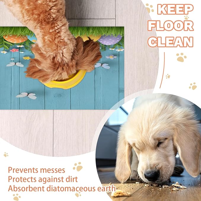 Happy Easter Dog Food Mat for Floors Absorbent Dog Bowl Mat for Food and Water Dispenser Quick Dry Cat Food Placemat Pet Supplies 24" x 32", Blue Wooden