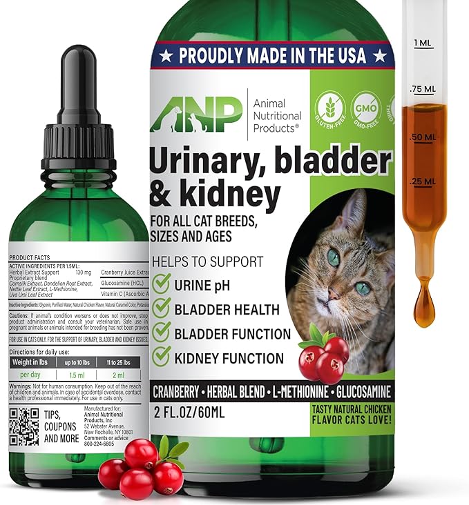 ANP Cat Urinary, Kidney & Bladder Support- Liquid Supplement with Cranberry & Herbal Blend, Natural Wellness Formula for Cats, Easy-to-Use, Tasty Chicken Flavor, 2 fl.oz /60 ml Bottle, 45 Day Supply