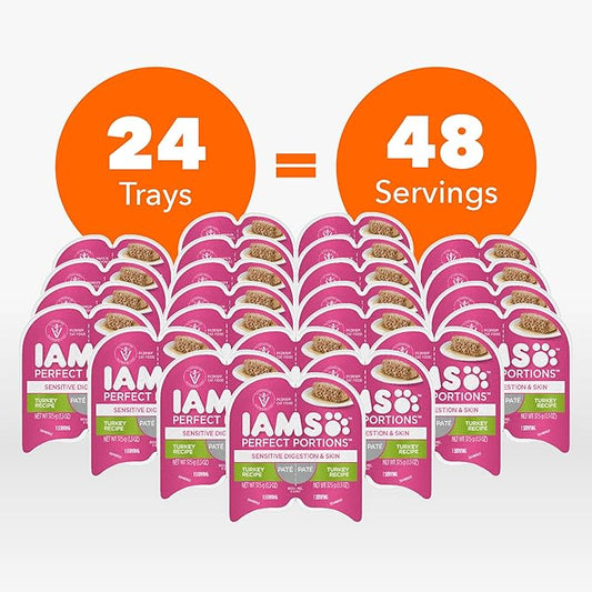 IAMS Perfect Portions Sensitive Digestion & Skin Wet Cat Food Pate, Adult Grain Free Pate, Turkey Recipes, (24) 2.6 oz. Twin-Pack Trays