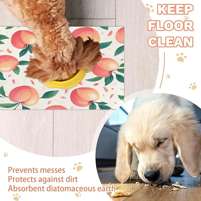 Peach Fruit Dog Food Mat for Floors Absorbent Dog Bowl Mat for Food and Water Dispenser Quick Dry Cat Food Placemat Pet Supplies 24" x 32", Pink Peachy