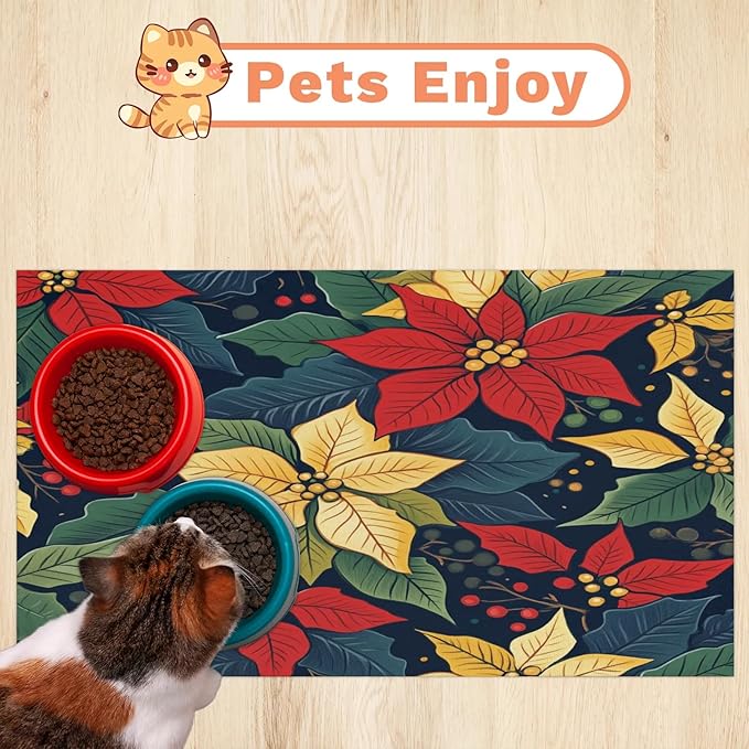 Red Poinsettia Dog Food Mat for Floors Absorbent, Quick Dry Water Dispenser Mat for Food, Water, Pet Supplies 17" x 30", Xmas Florals