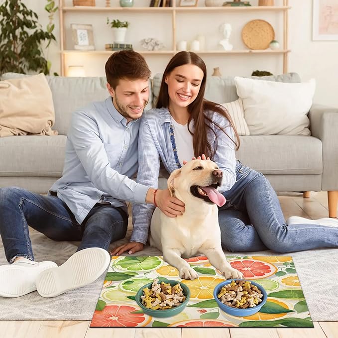 Lemon Fruit Dog Food Mat for Floors Absorbent Dog Bowl Mat for Food and Water Dispenser Quick Dry Cat Food Placemat Pet Supplies 17" x 30", Green Leaves