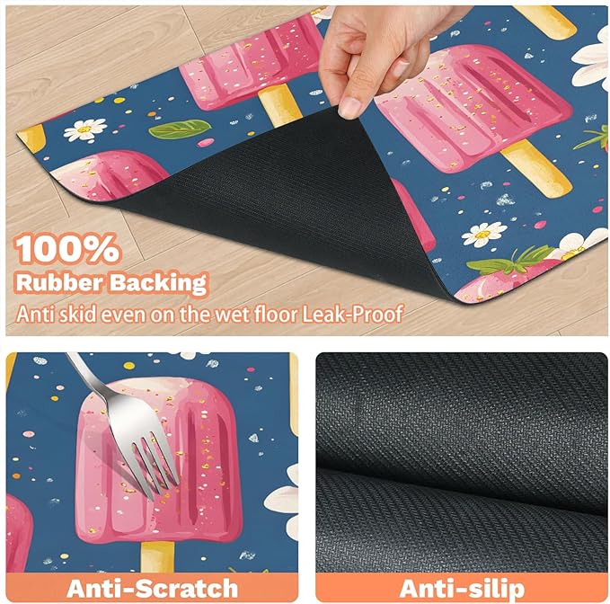 Pink Popsicle Dog Food Mat for Floors Absorbent Dog Bowl Mat for Food and Water Dispenser Quick Dry Cat Food Placemat Pet Supplies 17" x 30", Strawberry Flower
