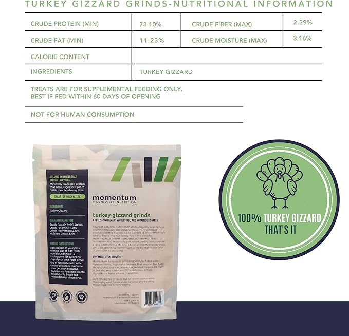 Momentum Carnivore Nutrition Freeze-Dried Turkey Gizzard Pet Food Topper – Single-Ingredient, All-Natural Topper – High-Protein for Dogs and Cats, Grain-Free and Made in The USA– (3.75 oz Bag)