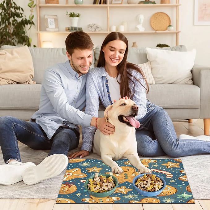Christmas Gingerbread Dog Food Mat for Floors Absorbent, Quick Dry Water Dispenser Mat for Food, Water, Pet Supplies 24" x 32", Xmas Snowflake