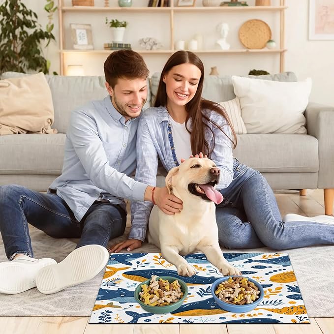 Dolphin Dog Food Mat for Floors Absorbent Dog Bowl Mat for Food and Water Dispenser Quick Dry Cat Food Placemat Pet Supplies 12" x 20", Ocean Animal