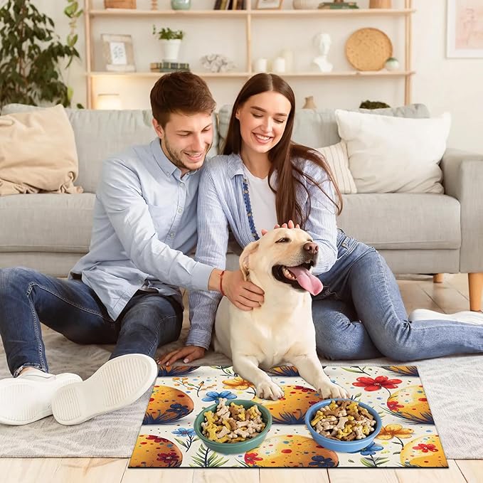 Easter Eggs Dog Food Mat for Floors Absorbent Dog Bowl Mat for Food and Water Dispenser Quick Dry Cat Food Placemat Pet Supplies 16" x 24", Watercolor Wildflower