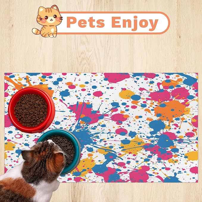 Colorful Graffiti Dog Food Mat for Floors Absorbent Dog Bowl Mat for Food and Water Dispenser Quick Dry Cat Food Placemat Pet Supplies 16" x 24", Watercolor Graffiti