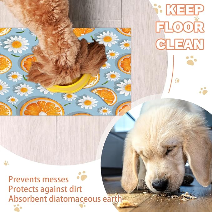 Orange Fruits Dog Food Mat for Floors Absorbent Dog Bowl Mat for Food and Water Dispenser Quick Dry Cat Food Placemat Pet Supplies 24" x 32", Daisy Flowers