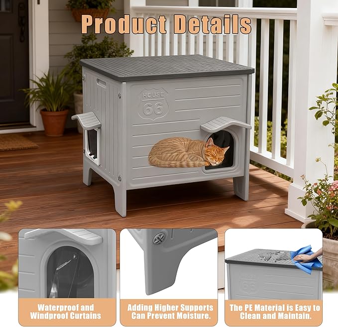 Plastic Cat House with Insulated Liner for Winter, Cat Houses with Escape Door, Waterproof Outdoor Cat House for Feral Cats, Outside Cat Shelter for Small Pet, Assemble Easily