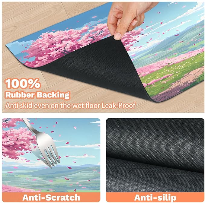 Pink Floral Dog Food Mat for Floors Absorbent, Quick Dry Water Dispenser Mat for Food, Water, Pet Supplies 12" x 20", Spring Tree