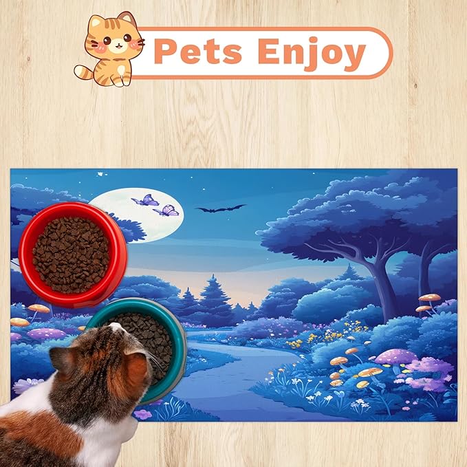 Forest Moon Dog Food Mat for Floors Absorbent, Quick Dry Water Dispenser Mat for Food, Water, Pet Supplies 17" x 30", Flower