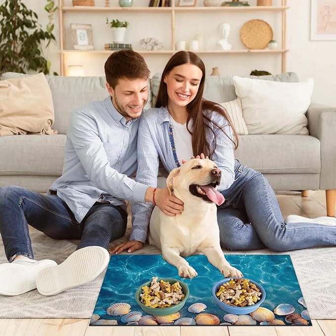 Ocean Seashell Dog Food Mat for Floors Absorbent Dog Bowl Mat for Food and Water Dispenser Quick Dry Cat Food Placemat Pet Supplies 24" x 32", Hawaiian Seaside