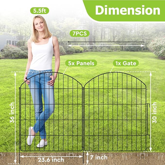 Garden Fencing Animal Barrier 12Pcs, 10 Panels + 2 Gate, 30in (H) x 23.6ft (L), No Dig Fence, Rustproof Metal, Flower Edging for Yard & Patio Outdoor Landscape, Arched