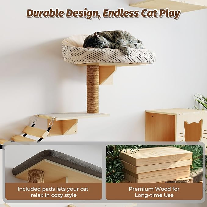 8 in 1 Cat Wall Shelves Cat Climber Set, Wall Mounted Cat Furniture with Scratching Post, Cat Bridge, Cat Condos and Cat Perches