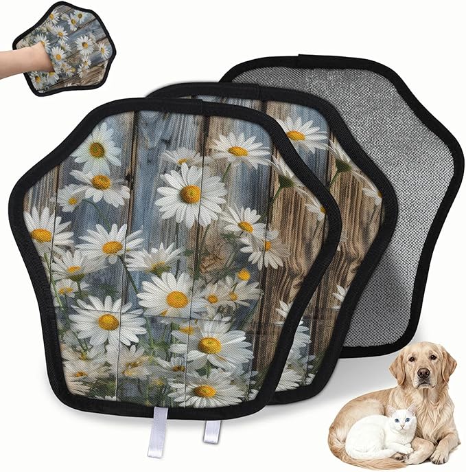 Farmhouse Daisy Electrostatic Pet Hair Removal Glove for Cats & Dogs - Reusable Grooming Mitt for Couch, Carpet, Car Seat & Laundry - Large 9x9 Inch