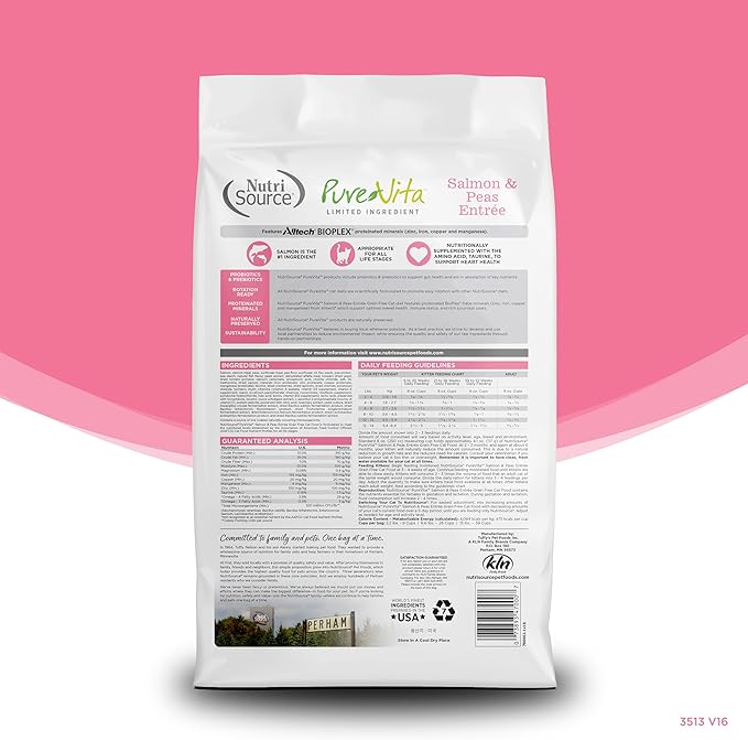 NutriSource Pure Vita Grain Free Cat Food, Salmon and Peas, 12LB