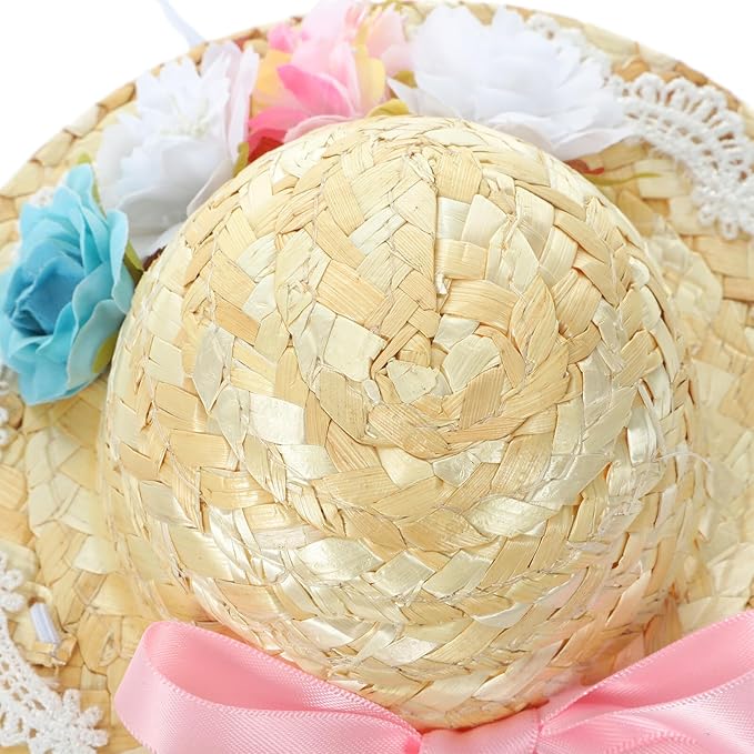 Pet Summer Straw Hat with Bowknot, Wear-Resistant Puppy Cosplay Hat, Decorative Small Size Outdoor Dog Accessory for Photo Props and Pet Supplies