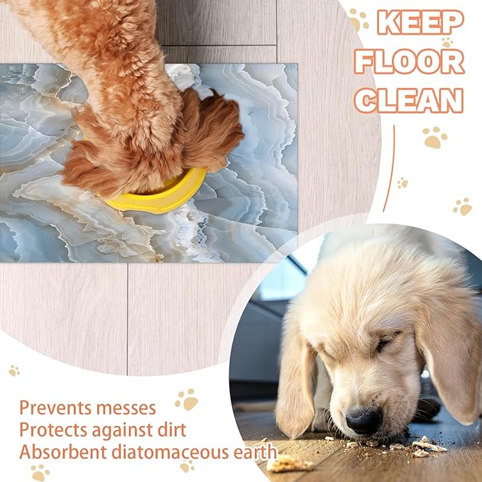 Abstract Marble Dog Food Mat for Floors Absorbent, Quick Dry Water Dispenser Mat for Food, Water, Pet Supplies 12" x 20", White Yellow
