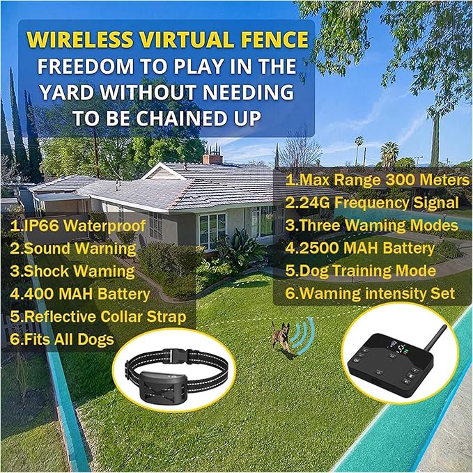 Wireless Dog Fence, Outdoor Pet Electric Boundary Containment System, Shock Collar for Large Dogs, Adjustable Vibration & Shock, Waterproof Rechargeable Training Collar, for 1 2 3 Dogs,for2d