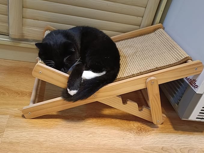 Sisal Cat Chair for Sunbathing,Adjustable Wooden Cat Lounge Chair with Sisal Mat Scratcher 3 Height Beach Kitty Hammock Bed Indoor Outdoor Lounging Scratching Furniture for Kitten Puppy Bunny