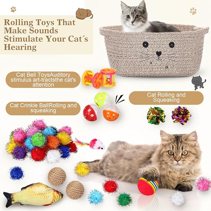 Zopeal 58 Pcs Easter Cat Storage Basket Gift Toys Set, Colorful Flashing Balls Pet Bell Crinkle Balls Spring Toys Attract Cat to Swat, Hunt, Interactive for Pet(Dark Brown,12 Inch)