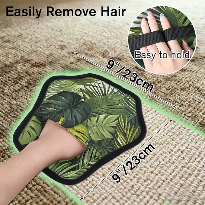Green Tropical Leaves Electrostatic Pet Hair Removal Glove for Cats & Dogs - Reusable Grooming Mitt for Couch, Carpet, Car Seat & Laundry - Large 9x9 Inch
