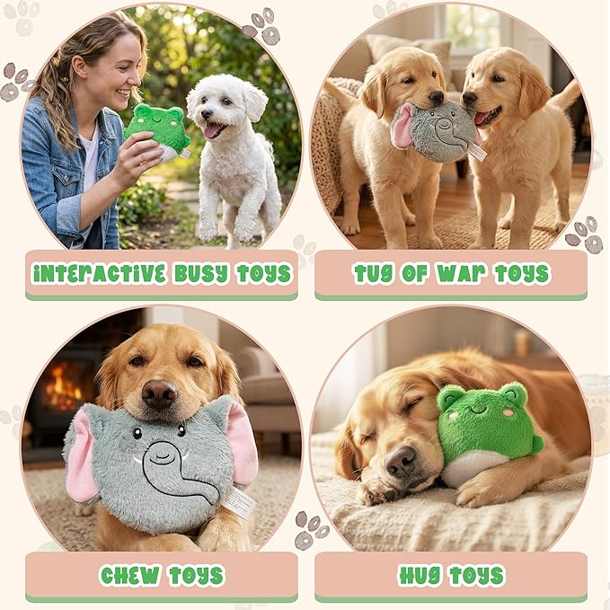 Plush Pet Squeaky Toy - 2Pcs Interactive Stuffed with Squeaker Dog Chew Puzzle Toys for Boredom & Teething, Durable Elephant & Frog Plush Puppies Supplies for for Small Medium Large