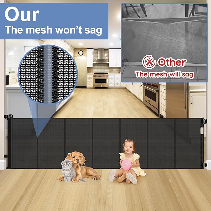 Reinforced 200 Inch Extra Wide Baby Gate Retractable Dog Gate 16.7ft Outdoor pet Gates for Wide Openings 33 Inch Tall No Sag Mesh Retractable Baby Gates for Doorways with Reinforced Strips, Black