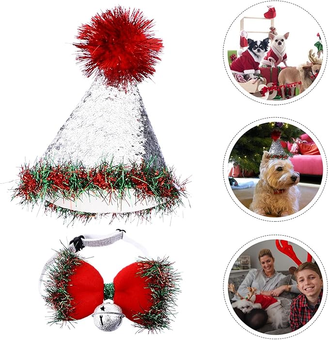 Gadpiparty Christmas Pet Hat Red Bow Tie with Bell Set Soft Fabric Dog and Cat Cap Costume Accessories for Holiday Party 2pcs Festive Pet Supplies