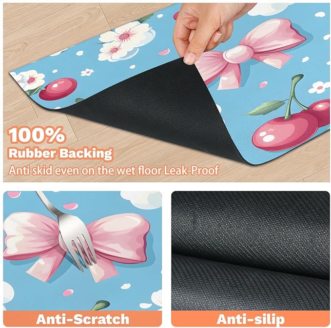 Pink Cherry Dog Food Mat for Floors Absorbent Dog Bowl Mat for Food and Water Dispenser Quick Dry Cat Food Placemat Pet Supplies 16" x 24", Bowknot Cloud