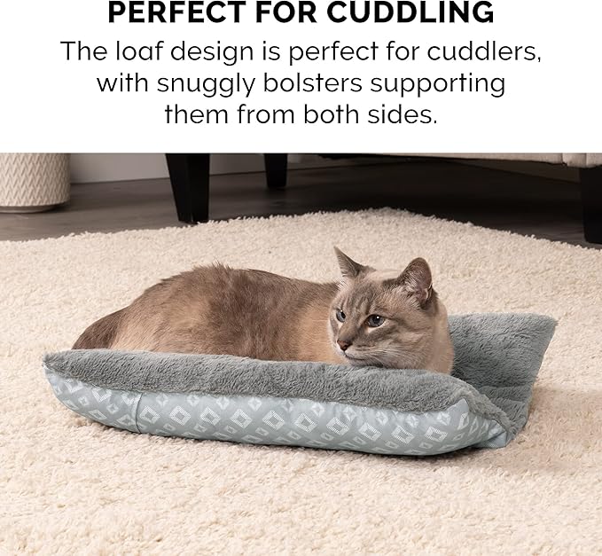 Furhaven Cat Bed for Indoor Cats, Washable w/ Removable Bolsters, For Pets Up to 18 lbs - Plush & Diamond Print Cuddle Loaf Mat - Gray, Large