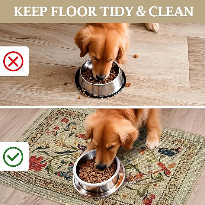 Dog Food Mats for Floors, Waterproof Quick Dry for Cat Bowl Food and Water, Eco-Friendly Accessories Pet Supplies(12"x20", Beige Color Flower)