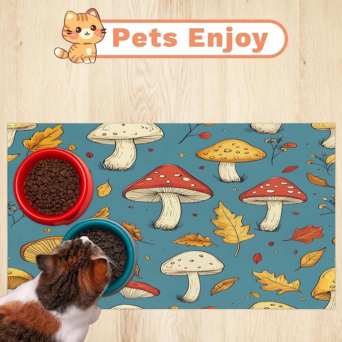 Mushroom Dog Food Mat for Floors Absorbent Dog Bowl Mat for Food and Water Dispenser Quick Dry Cat Food Placemat Pet Supplies 12" x 20", Leaves