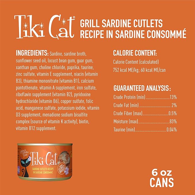 Tiki Cat Grill Wet Cat Food, Sardine Cutlets, 6 oz. Cans (8 Count)