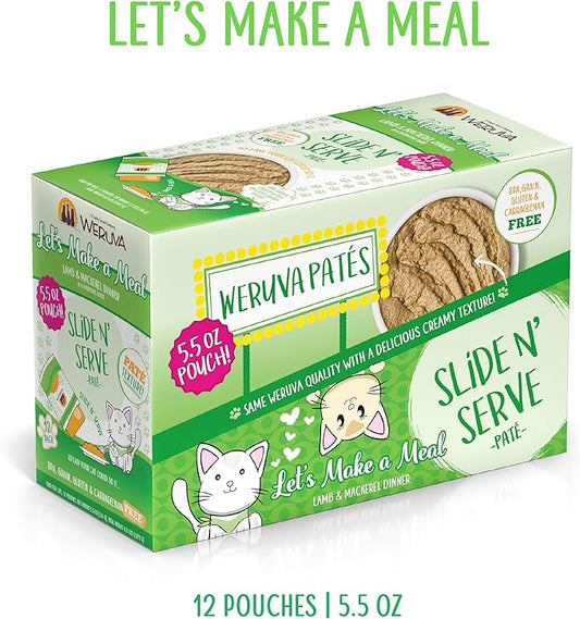 Weruva Wet Cat Food, Lets Make a Meal with Lamb and Mackerel Pate, 5.5oz Slide N Serve Pouch, Pack of 12