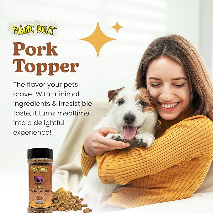 Wild Meadow Farms - Magic Dust Pork Jerky Topper, Single Protein Pet Food Topper for Dogs & Cats, Enhance Flavor & Elevate Mealtime Excitement for Picky Eaters - 3.5 Ounce Bottle in Pork Flavor