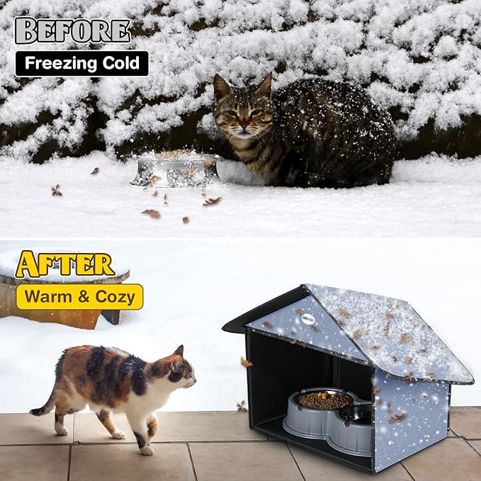 Dreyoo Outdoor Cat Feeding Station for Food & Water, Weatherproof Outdoor Kitty Dining Room Cat Shelter for Stray, Feral Cats and Community Cats, 13”d x 17”w x 15.5'h(1 Pack,Dusty Blue)