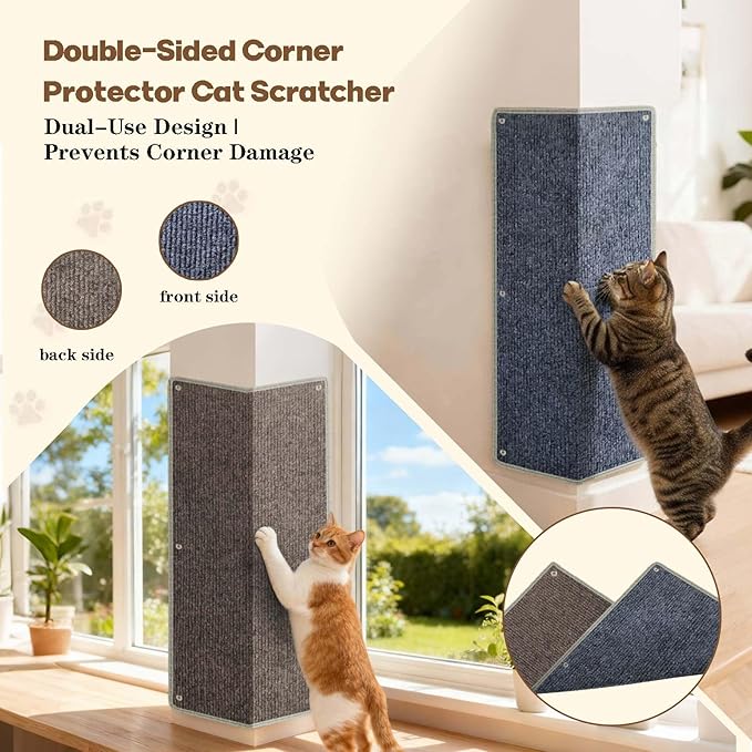 Corner Cat Scratcher & Wall Cat Scratcher - Double-Sided Usable Thick Carpet Pad, Edge-Wrapped Design for Durability, 2 Installation Ways - Indoor Cat Scratching Post for Furniture & Wall Protection