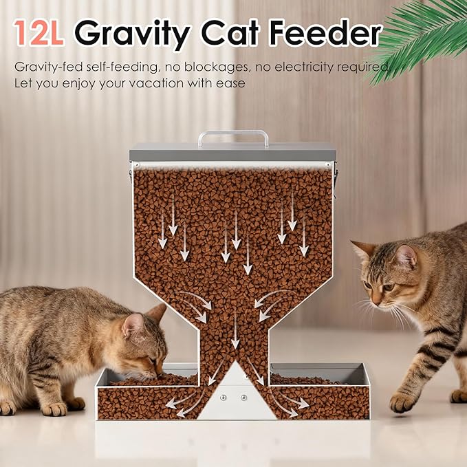 Automatic Cat Feeder 2 Cats - 12L Gravity Dual Cat Feeder Outdoor Pet Feeding Station Auto Dry Food Dispenser for Pet Cat Dogs