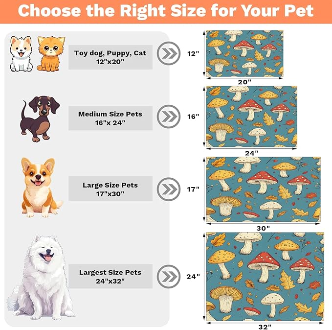 Mushroom Dog Food Mat for Floors Absorbent Dog Bowl Mat for Food and Water Dispenser Quick Dry Cat Food Placemat Pet Supplies 17" x 30", Leaves