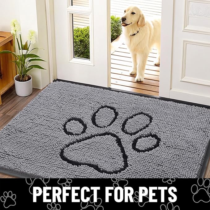 Smiry Dog Door Mat for Muddy Paws, Absorbent Dirt Trapper Non Slip Quick Dry Washable Chenille Mat for Mud Dogs, Entry Rug for Indoor and Outdoor (59x32 Inches, Grey and Black)