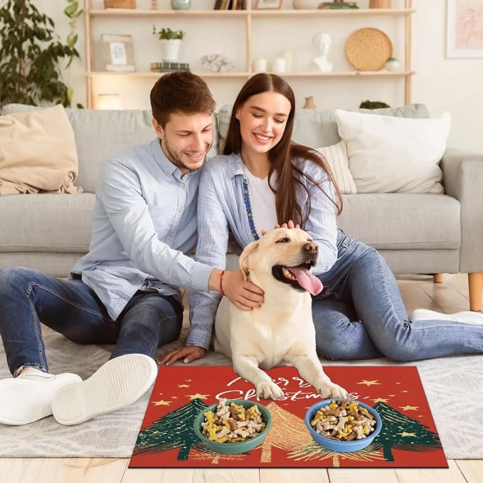 Merry Christmas Dog Food Mat for Floors Absorbent, Quick Dry Water Dispenser Mat for Food, Water, Pet Supplies 24" x 32", Christmas Tree