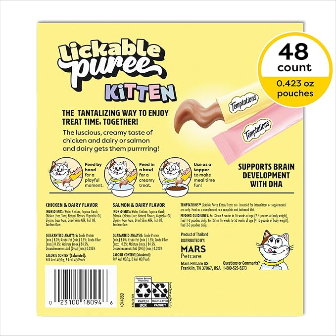 Temptations Puree Kitten Treats Lickable, Chicken and Salmon Variety Pack, 48 Pouches