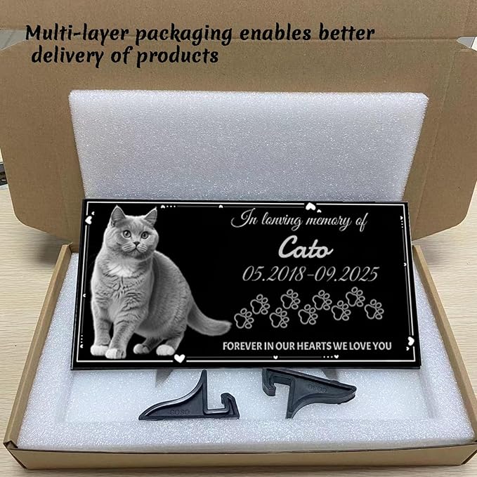 Dog Headstone, Memorial Stone,Black Granite Memorial Garden Stone Engraved with Photo,Pet Headstones Personalized Pet Memorial Stones for Dog,Cat Tombstone (Cat Headstone)