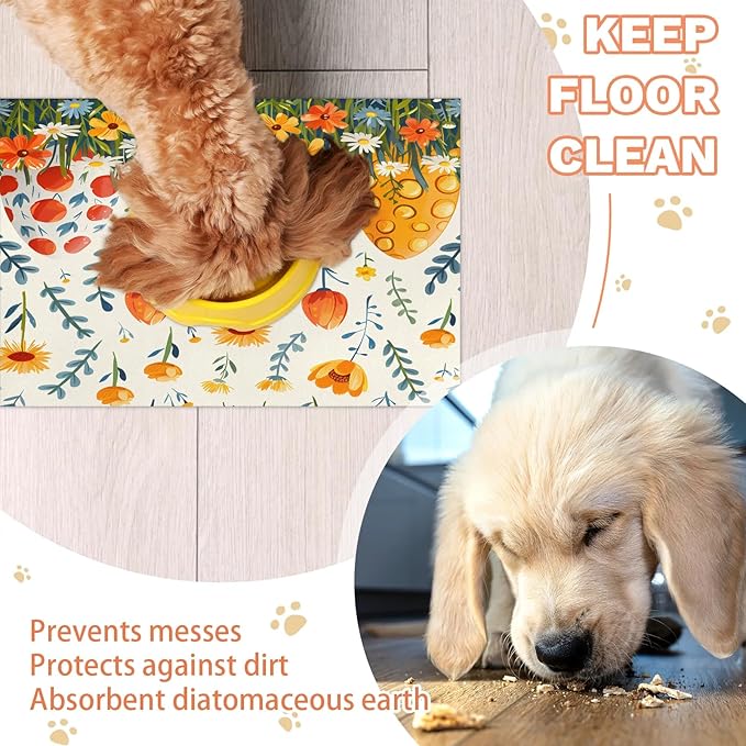 Easter Egg Dog Food Mat for Floors Absorbent Dog Bowl Mat for Food and Water Dispenser Quick Dry Cat Food Placemat Pet Supplies 24" x 32", Wildflower Floral
