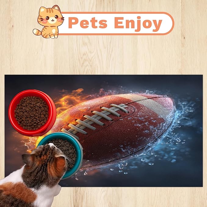 Fire Football Dog Food Mat for Floors Absorbent, Quick Dry Water Dispenser Mat for Food, Water, Pet Supplies 16" x 24", Lightning Rugby