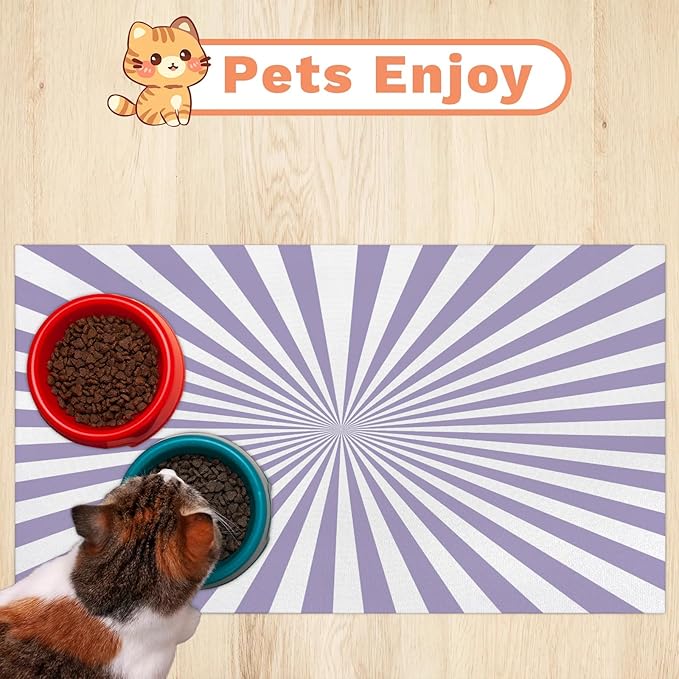Striped Dog Food Mat for Floors Absorbent, Quick Dry Water Dispenser Mat for Food, Water, Pet Supplies 12" x 20", White Purple